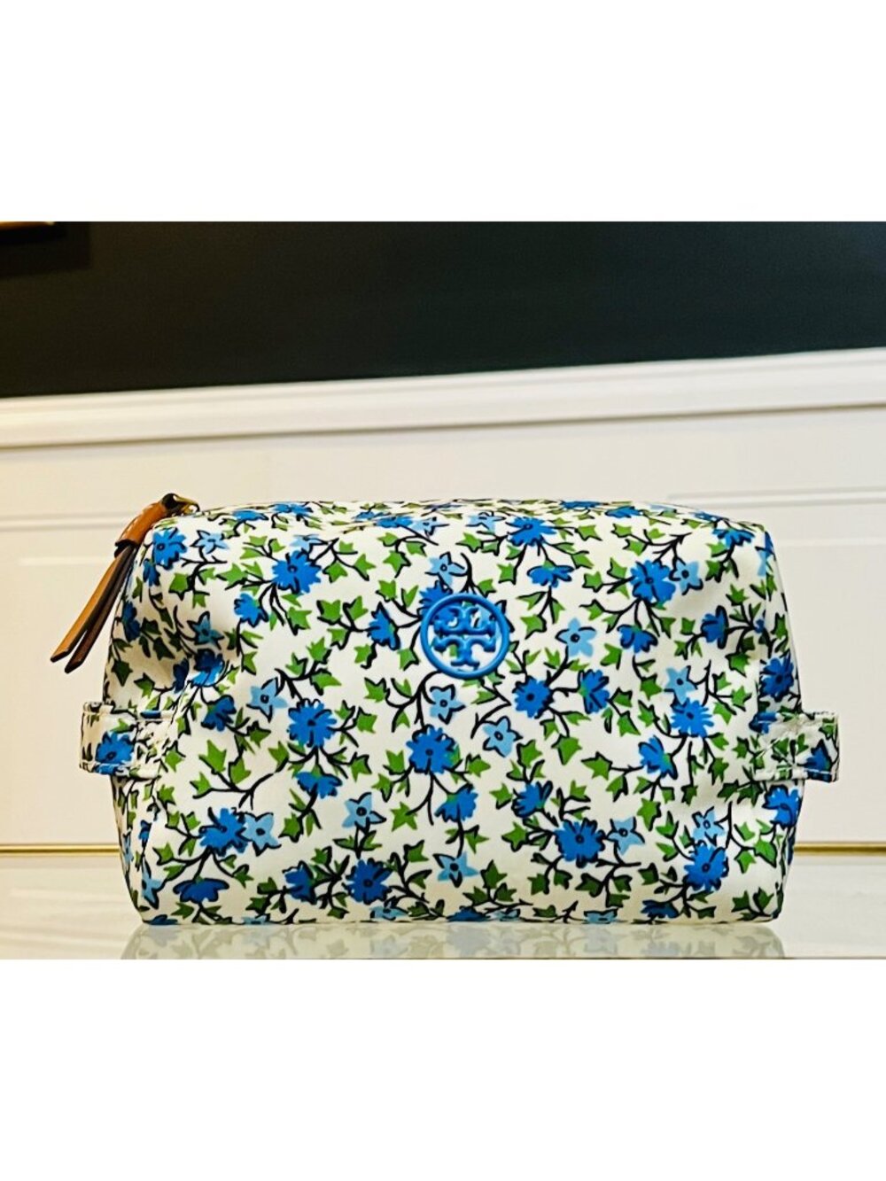 Tory Burch Floral Cosmetic Bag With Quilted Interior And Zipper Closure
